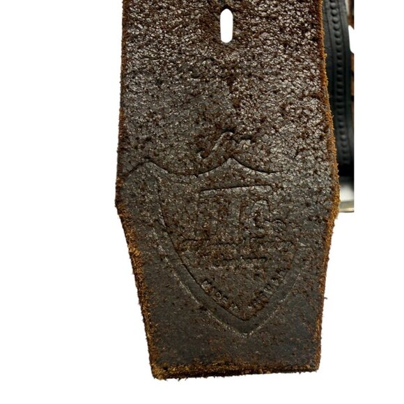 Hollywood Trading Co HTC Brown Leather Belt Studded Tooled Silver Buckle Size 34 - Picture 10 of 11